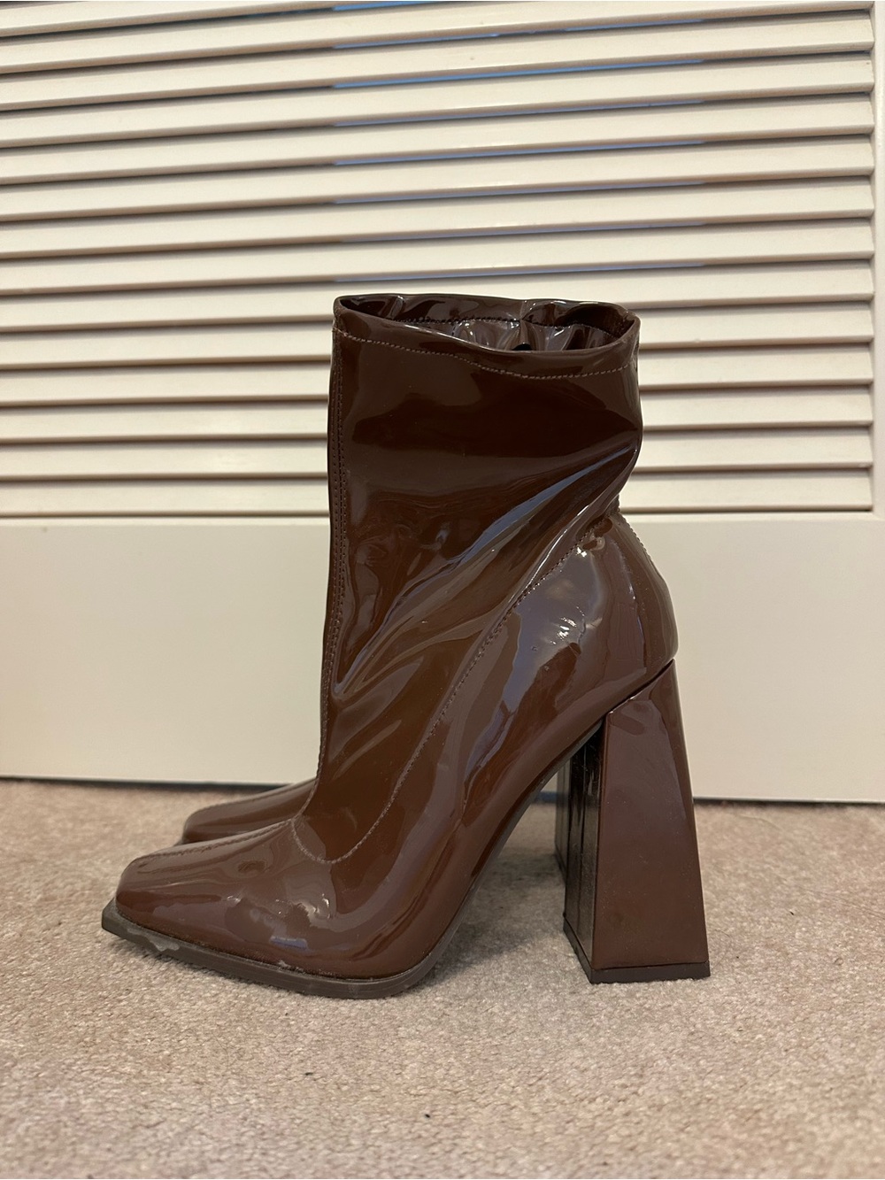 Patent Leather Brown Block Heel Ankle Boots - Women's